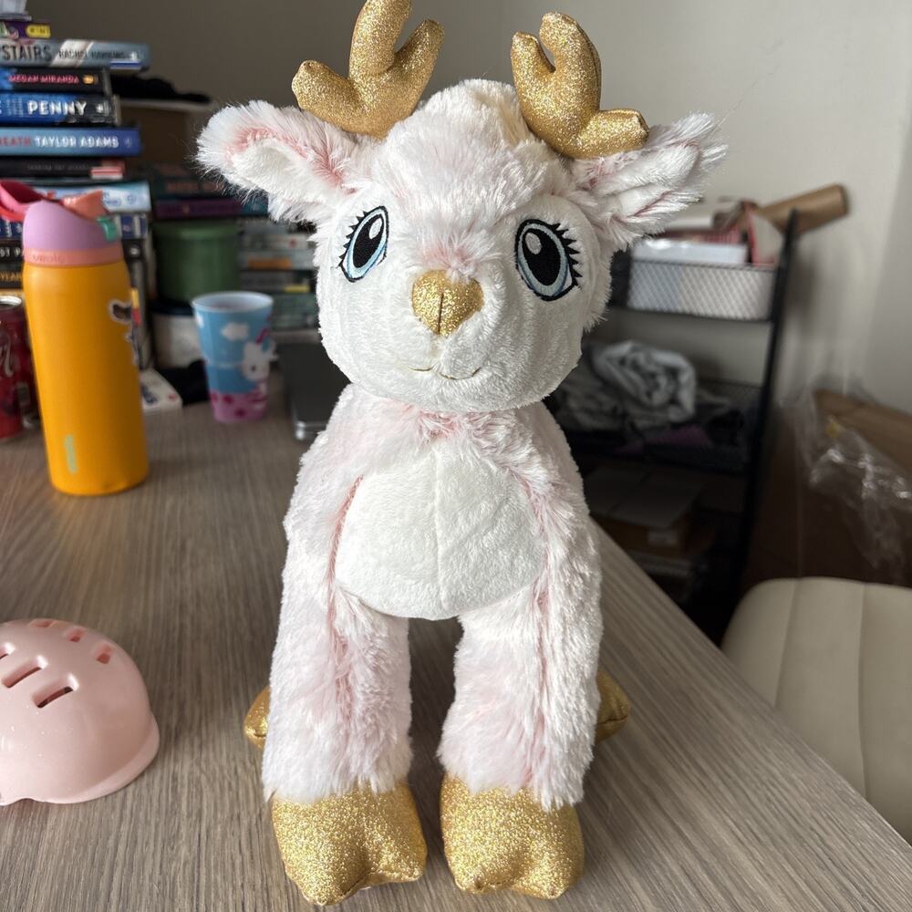 Build-A-Bear Pink Arctic Winter Reindeer Gold Glitter Stuffed Animal 14”